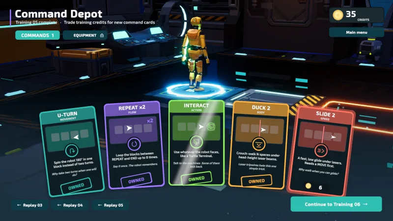 Colorful command cards fan out across the depot beneath the robot preview.